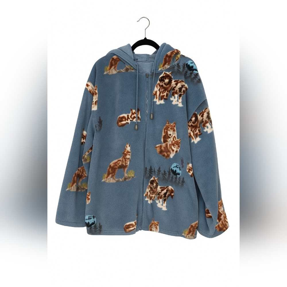 Vintage Blue Fleece Hoodie with Brown Animal Print
